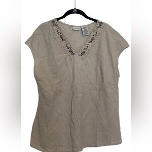 WHITE STAG Womens Linen Sleeveless Beige Sz XL Embroidered Nautical Boho Top